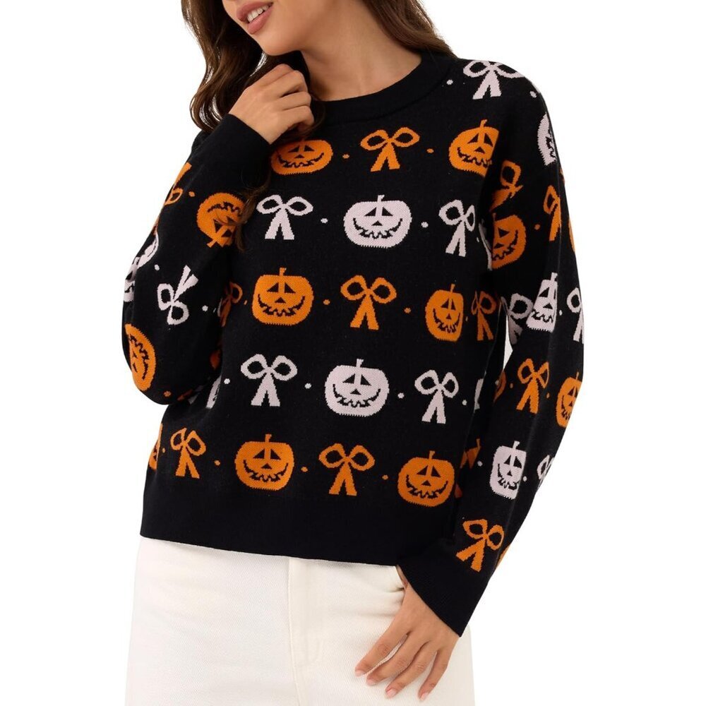 Women's Halloween Pumpkin Knit Sweater Casual Long Sleeve Pullover